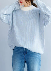 Pullover winter blue white striped knit sweat tops casual high neck crane tops - bagstylebliss