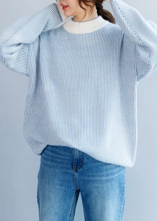 Pullover winter blue white striped knit sweat tops casual high neck crane tops - bagstylebliss