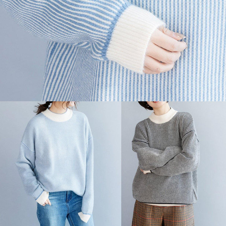 Pullover winter blue white striped knit sweat tops casual high neck crane tops - bagstylebliss