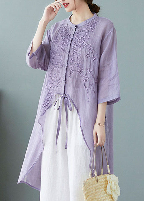 Purple Button Pockets Linen Tops Half Sleeve