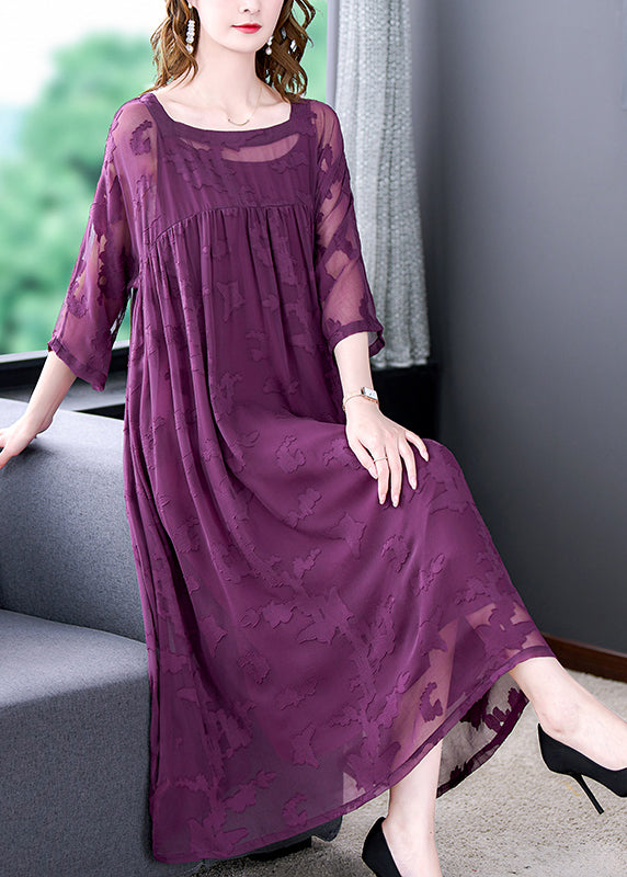 Purple Hollow Out Chiffon Dress Two Piece Set Women Clothing Wrinkled Summer