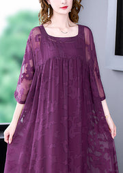 Purple Hollow Out Chiffon Dress Two Piece Set Women Clothing Wrinkled Summer