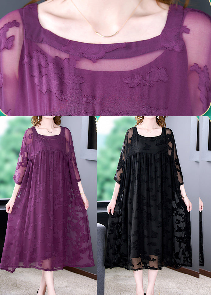 Purple Hollow Out Chiffon Dress Two Piece Set Women Clothing Wrinkled Summer