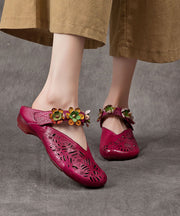 Purple Hollow Out Floral Cowhide Leather Retro Splicing Slide Sandals