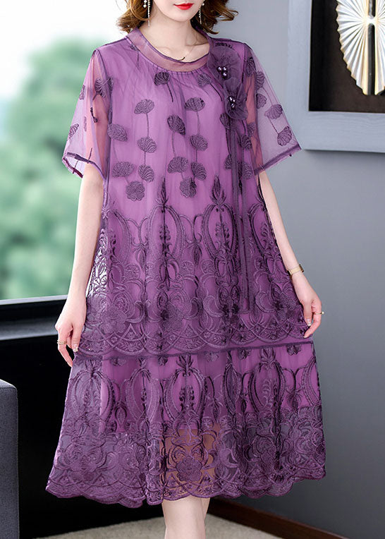 Purple Hollow Out Tulle Holiday Dress Embroidered Nail Bead Summer