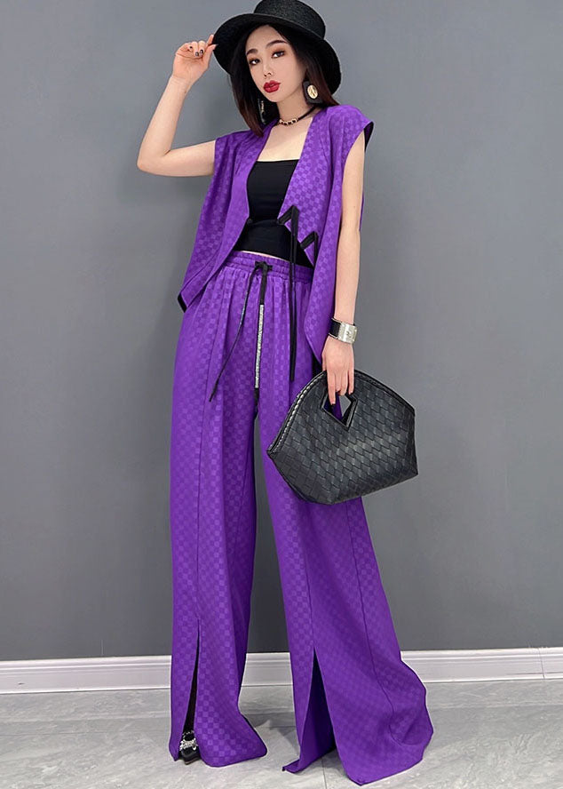 Purple Jacquard Chiffon Vest And Wide Leg Pants Two Pieces Set Elastic Waist Sleeveless