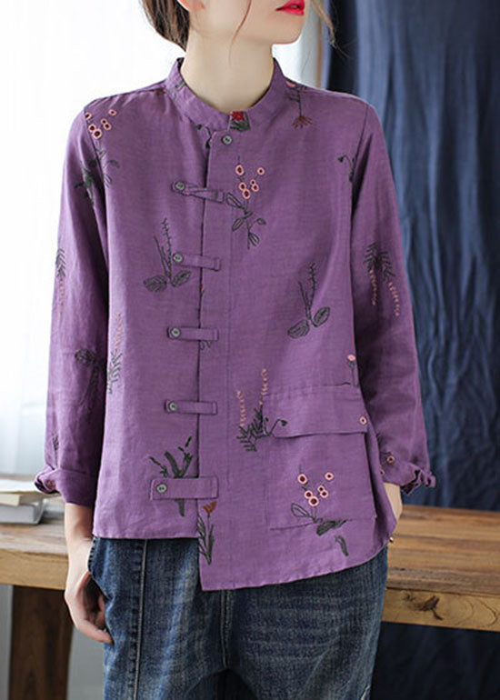 Purple Linen Shirts Top Stand Collar Embroideried Long Sleeve