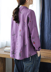 Purple Linen Shirts Top Stand Collar Embroideried Long Sleeve