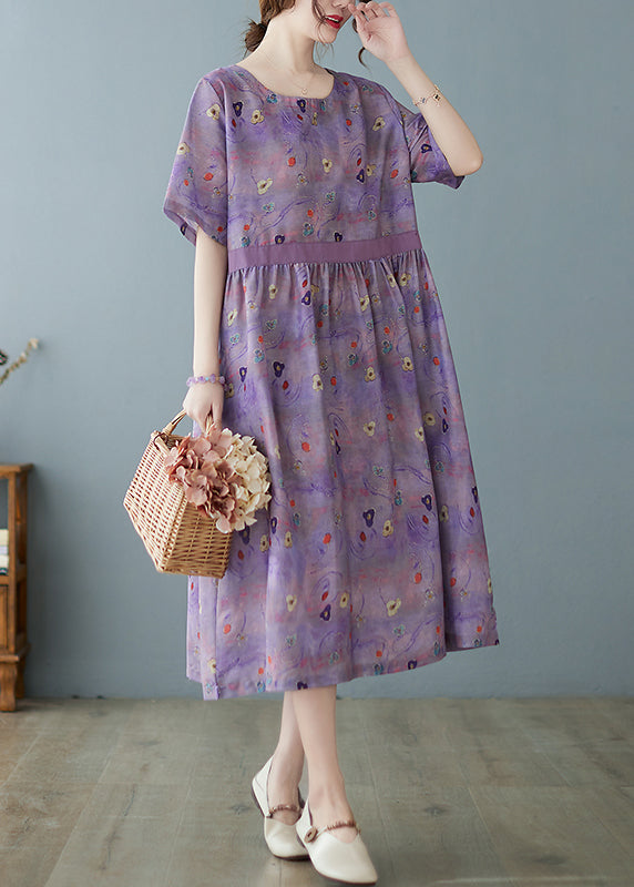 Purple Linen vacation Dresses O-Neck Extra large hem Short Sleeve