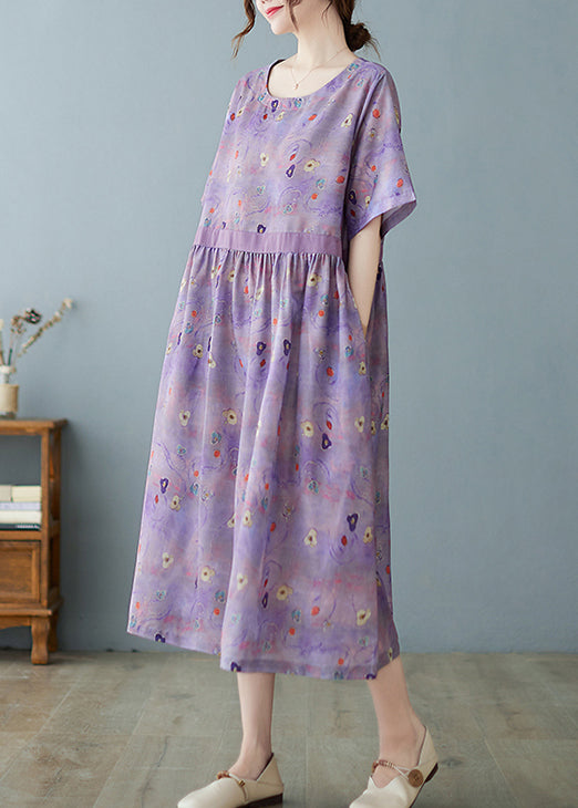 Purple Linen vacation Dresses O-Neck Extra large hem Short Sleeve