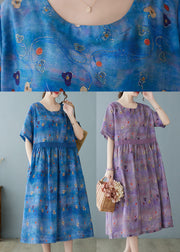 Purple Linen vacation Dresses O-Neck Extra large hem Short Sleeve