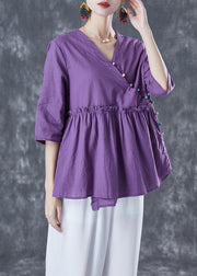 Purple Loose Cotton Blouses V Neck Ruffled Half Sleeve