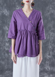 Purple Loose Cotton Blouses V Neck Ruffled Half Sleeve