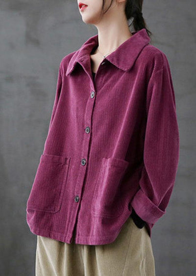 Purple Loose Pockets Shirt Top Long Sleeve Corduroy Coat - bagstylebliss