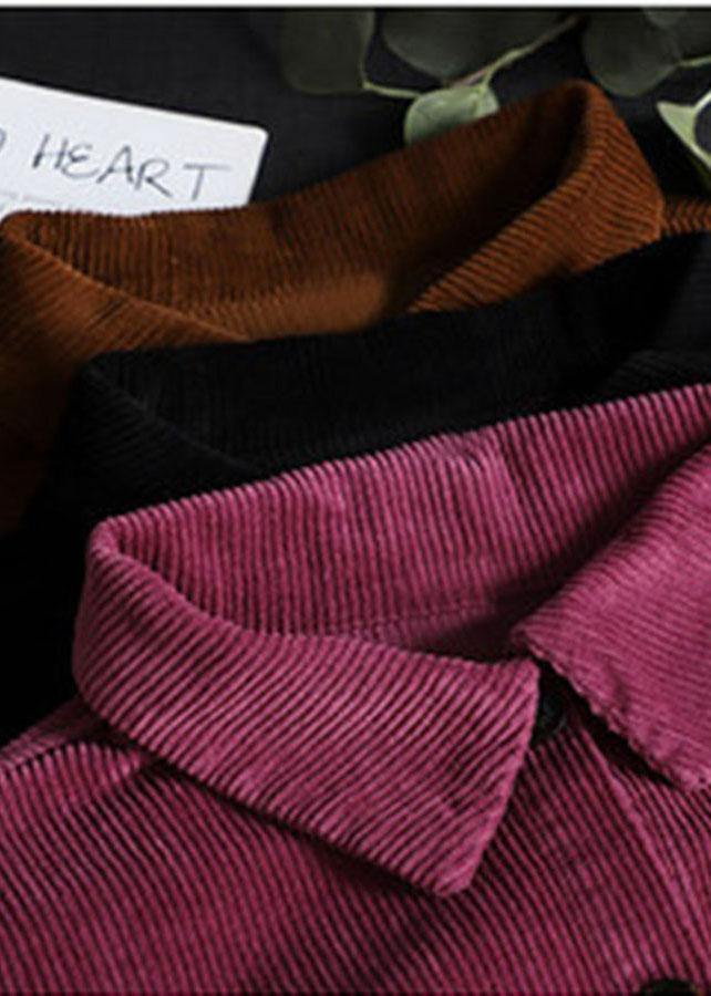 Purple Loose Pockets Shirt Top Long Sleeve Corduroy Coat - bagstylebliss