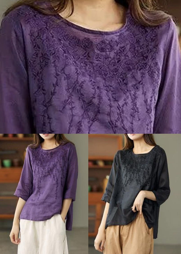 Purple Low High Design Patchwork Linen Tops Embroidered Half Sleeve