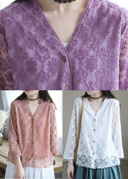 Purple Patchwork Cotton Loose Cardigans Hollow Out Long Sleeve