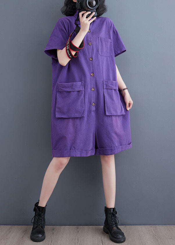 Purple Patchwork Denim Shorts Jumpsuits Peter Pan Collar Summer