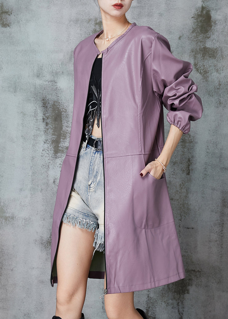 Purple Patchwork Faux Leather Trench O-Neck Spring