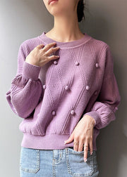 Purple Patchwork Knit Top O Neck Long Sleeve