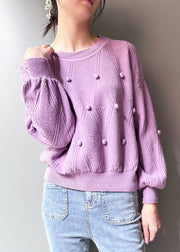 Purple Patchwork Knit Top O Neck Long Sleeve