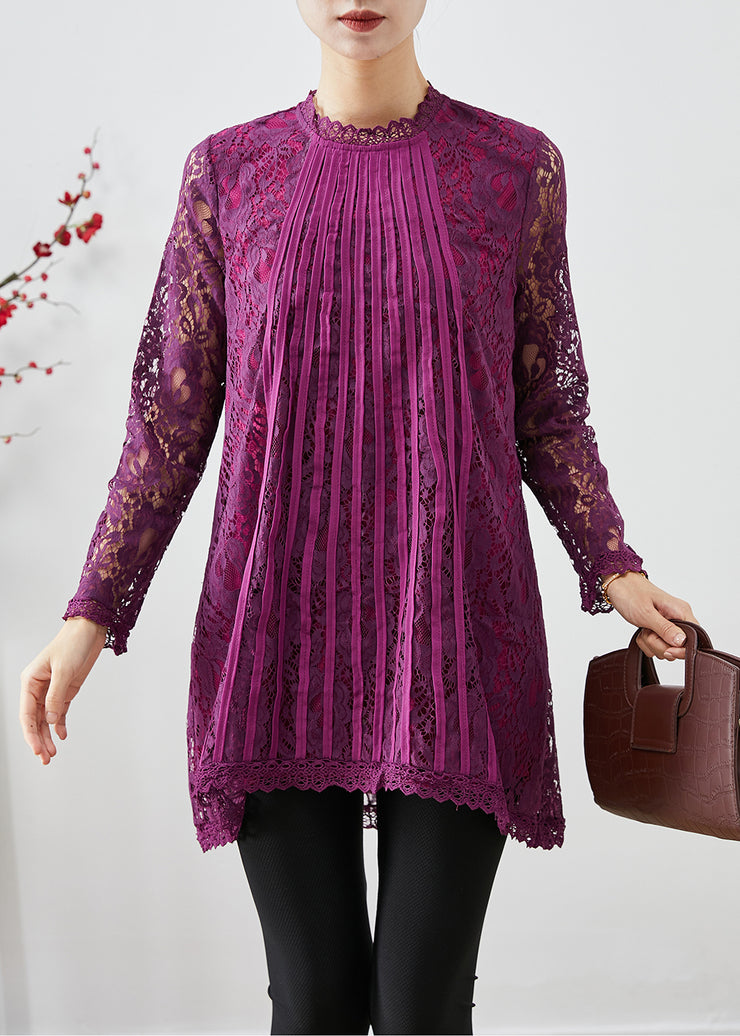 Purple Patchwork Lace Shirts Hollow Out Fall