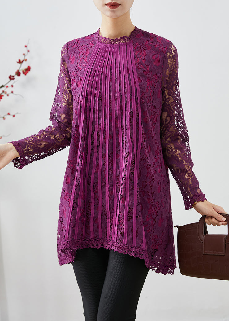 Purple Patchwork Lace Shirts Hollow Out Fall