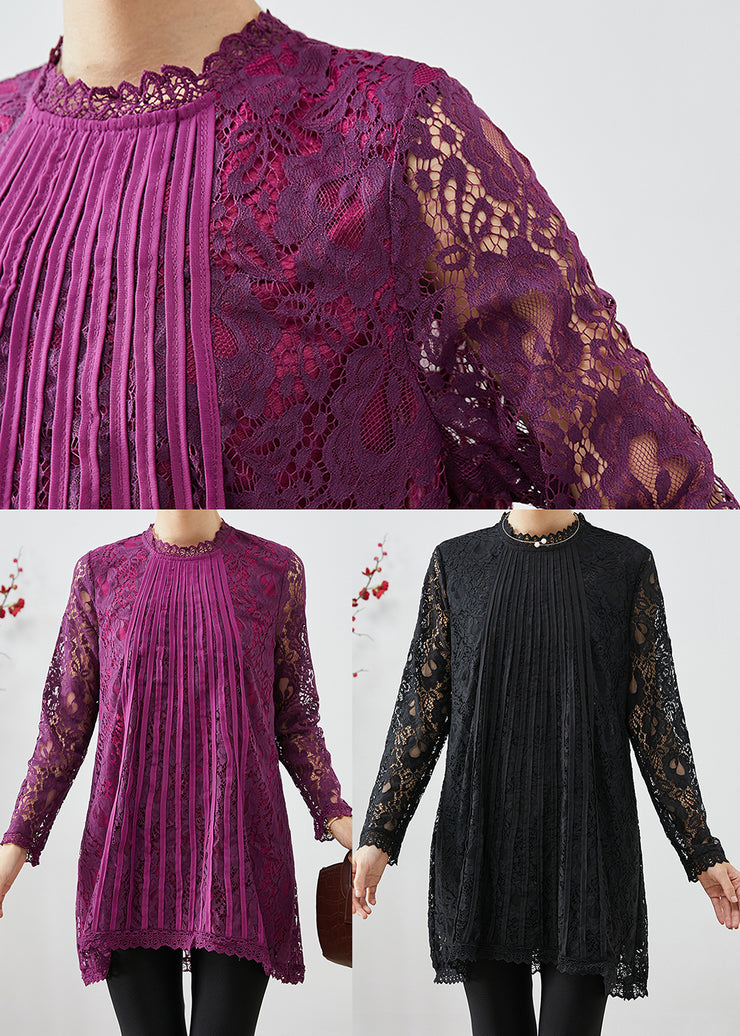 Purple Patchwork Lace Shirts Hollow Out Fall