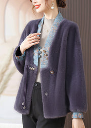 Purple Patchwork Mink Hair Coats V Neck Tasseled Button Fall