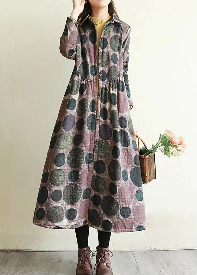 Purple Pockets Print Warm Fleece Coats Peter Pan Collar Winter