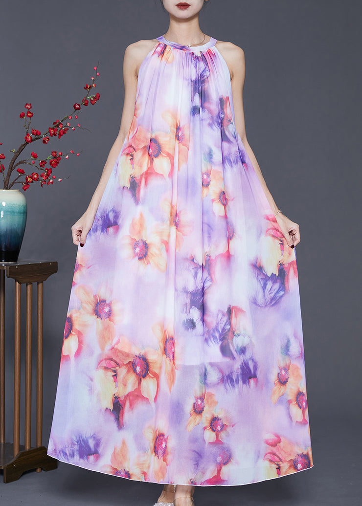 Purple Print Chiffon Beach Dresses Cold Shoulder Summer