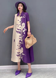 Purple Print Chiffon Long Dress Peter Pan Collar Draping Short Sleeve