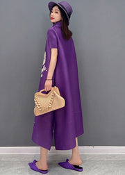 Purple Print Chiffon Long Dress Peter Pan Collar Draping Short Sleeve