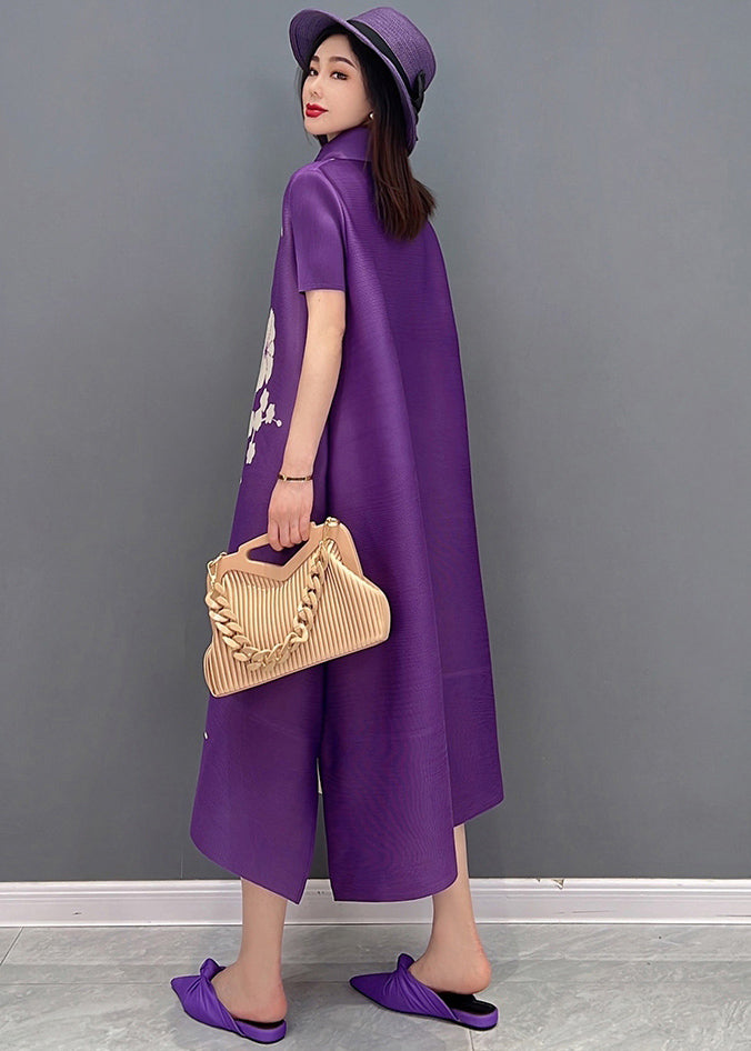 Purple Print Chiffon Long Dress Peter Pan Collar Draping Short Sleeve