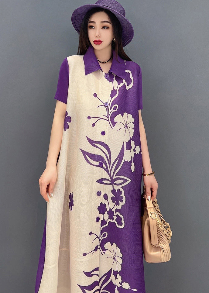 Purple Print Chiffon Long Dress Peter Pan Collar Draping Short Sleeve