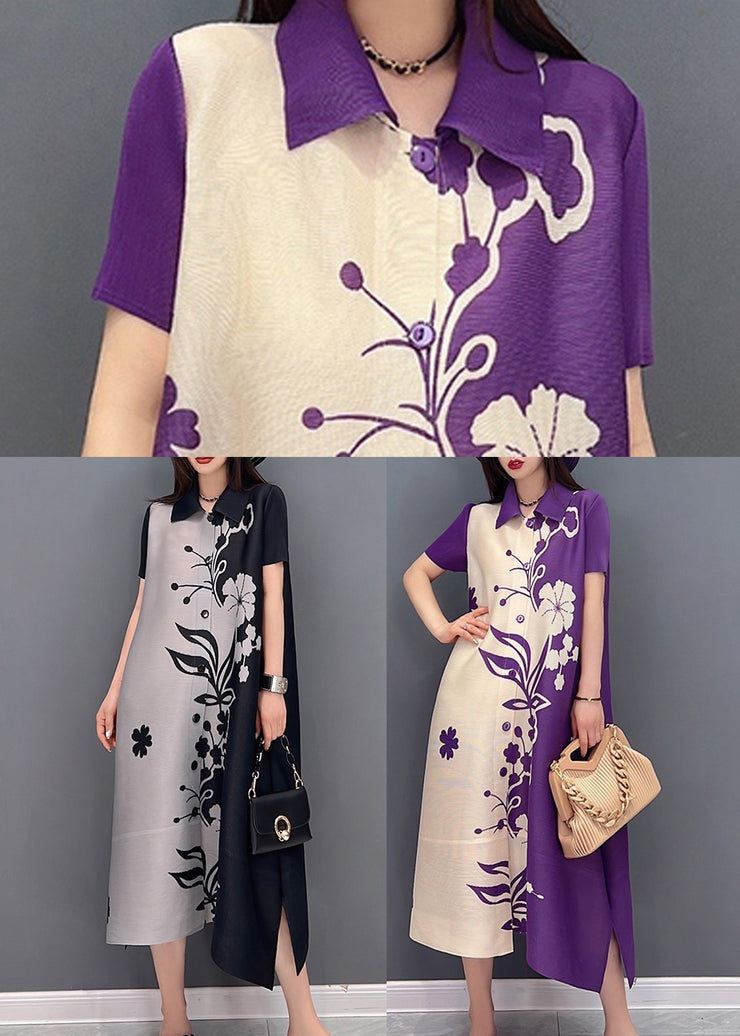 Purple Print Chiffon Long Dress Peter Pan Collar Draping Short Sleeve