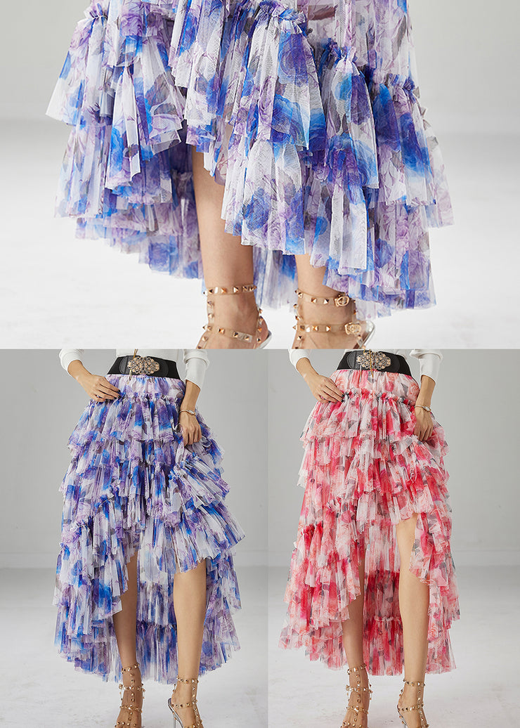 Purple Print Tulle Skirt Asymmetrical Exra Large Hem Fall