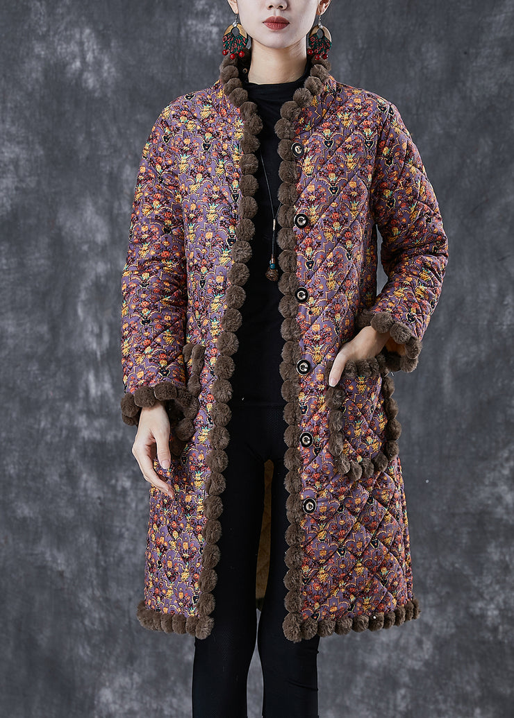 Purple Print Warm Fleece Coat Oversized Stand Collar Winter