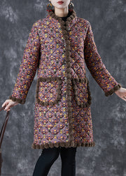Purple Print Warm Fleece Coat Oversized Stand Collar Winter