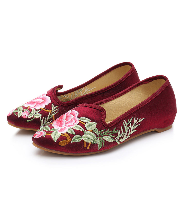 Purple Red Flats Velour Fabric Unique Embroideried Pointed Toe Flat Shoes