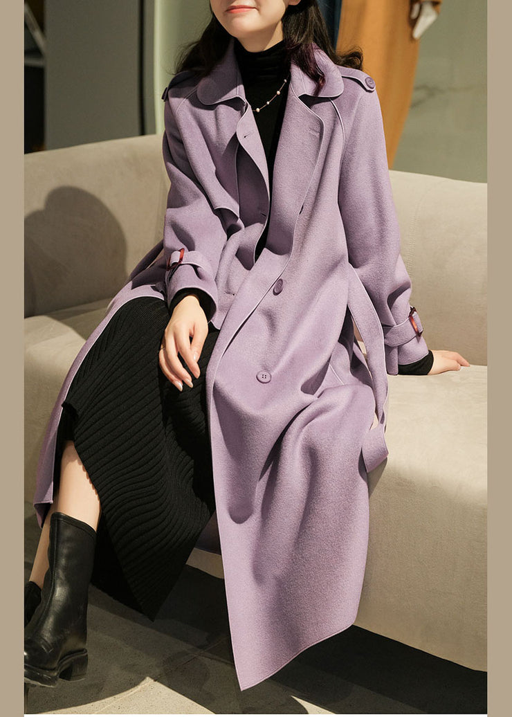 Purple Solid Color Woolen Trench Coats Peter Pan Collar Winter