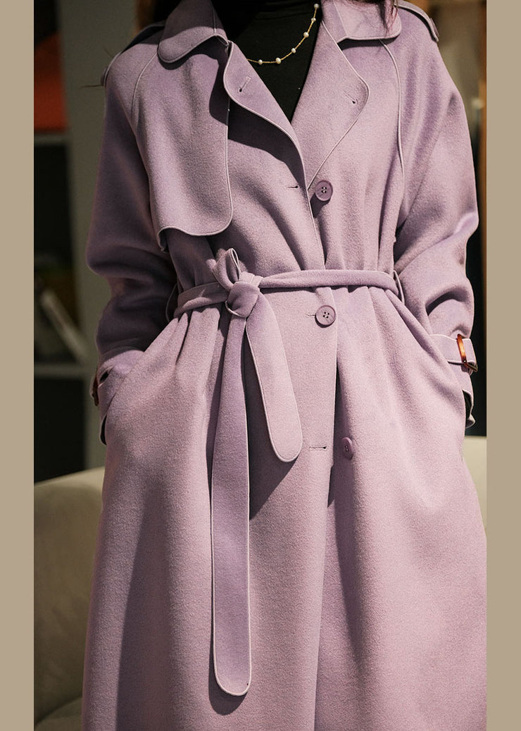 Purple Solid Color Woolen Trench Coats Peter Pan Collar Winter