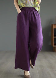 Purple Solid Cotton Straight Pants High Waist Summer