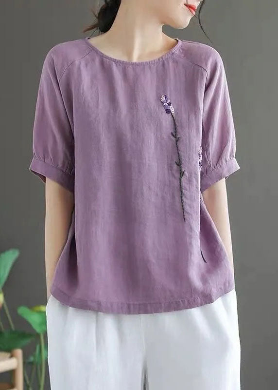 Purple Solid Floral Embroideried Linen Tops O-Neck Short Sleeve