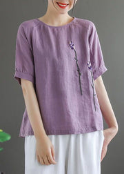 Purple Solid Floral Embroideried Linen Tops O-Neck Short Sleeve