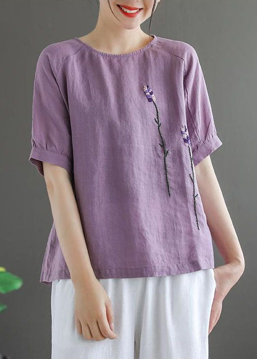 Purple Solid Floral Embroideried Linen Tops O-Neck Short Sleeve