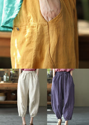 Purple Solid Linen Beam Pants Elastic Waist Wrinkled Summer