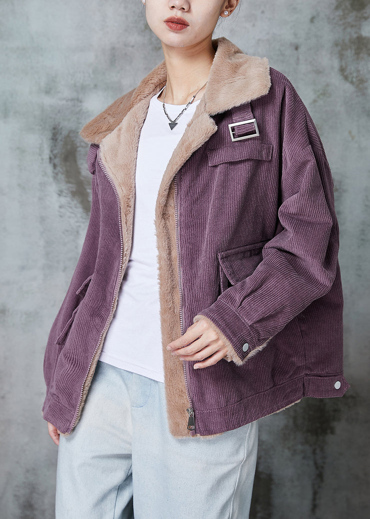 Purple Thick Warm Fleece Coats Peter Pan Collar Pockets Winter