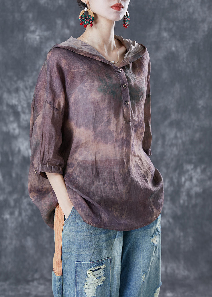 Purple Tie Dye Linen Shirt Top Hooded Oversized Bracelet Sleeve