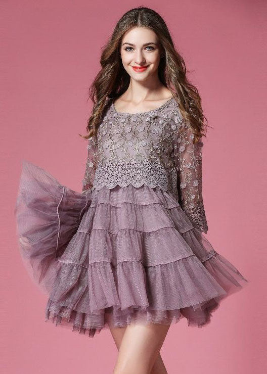 Purple Tulle Dress Hollow Out Embroidered Patchwork Spring